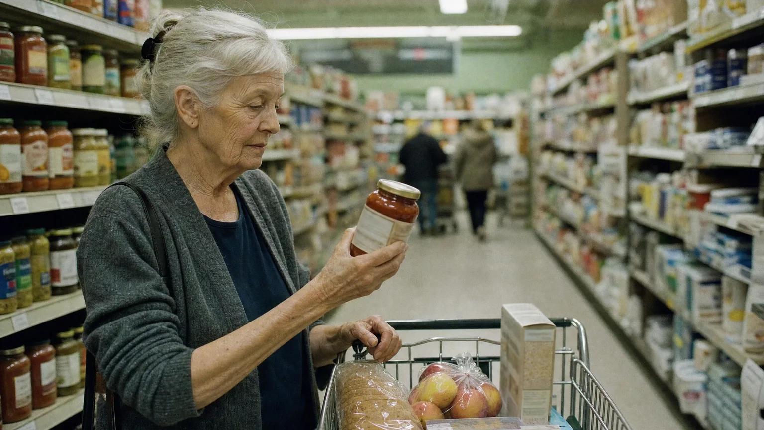 Senior woman reading a jar label in a grocery store aisle with a half-full cart of bread and apples