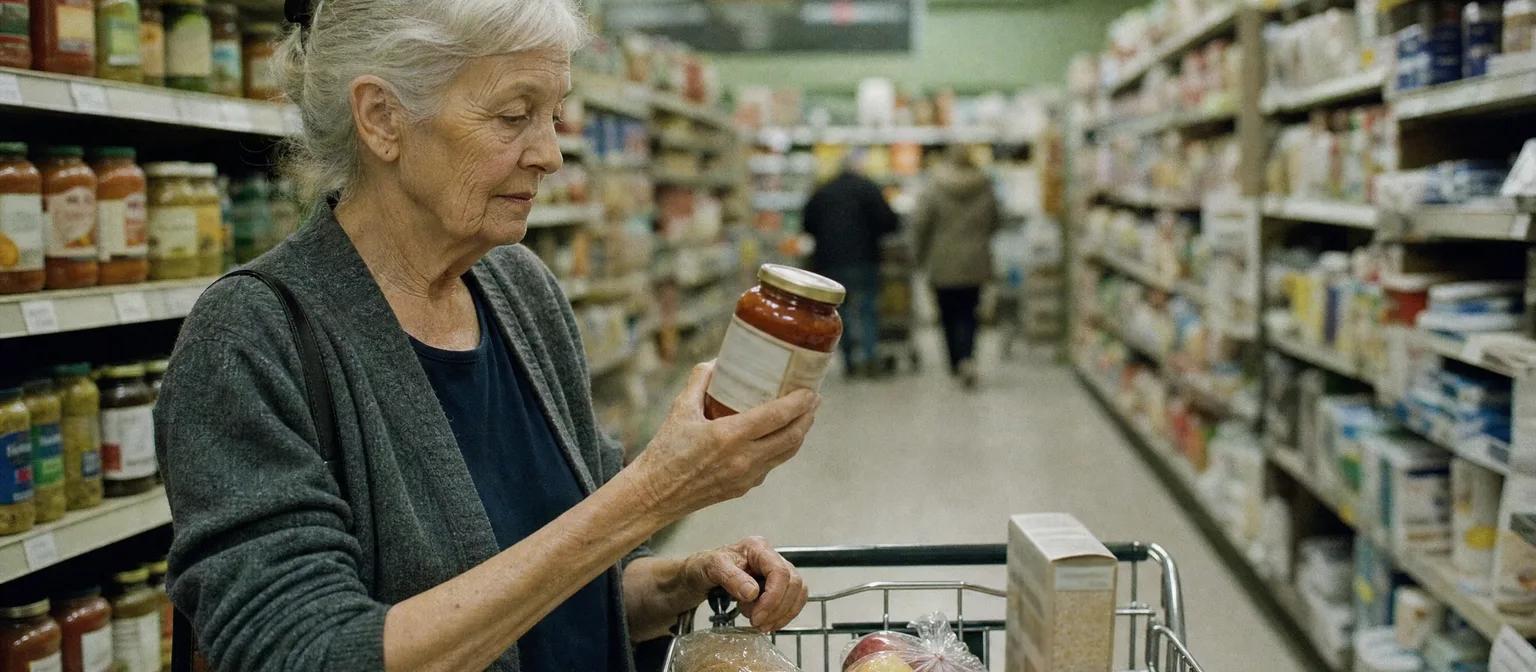 Senior woman reading a jar label in a grocery store aisle with a half-full cart of bread and apples