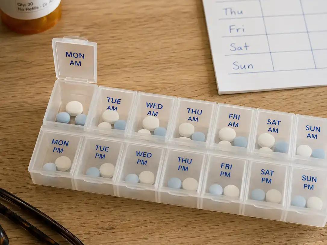 Weekly pill organizer and paper medication calendar on a Canadian kitchen counter, a core medication reminder tool for seniors.