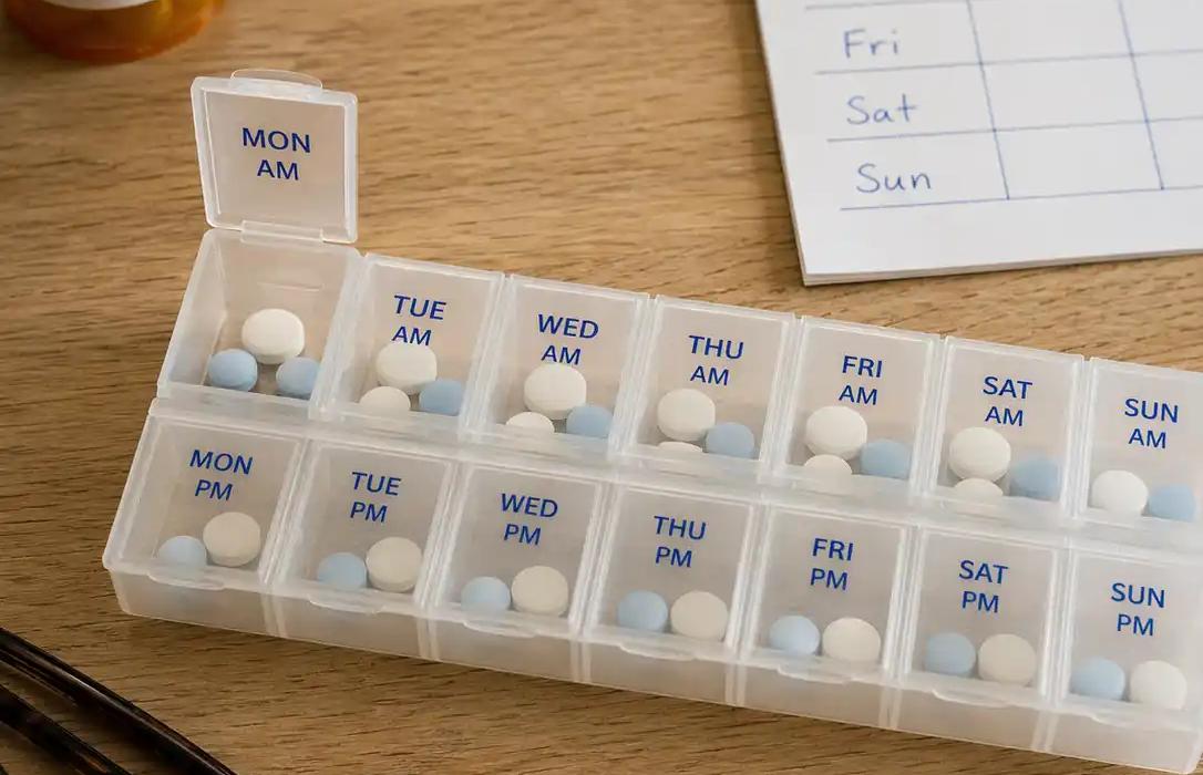 Weekly pill organizer and paper medication calendar on a Canadian kitchen counter, a core medication reminder tool for seniors.