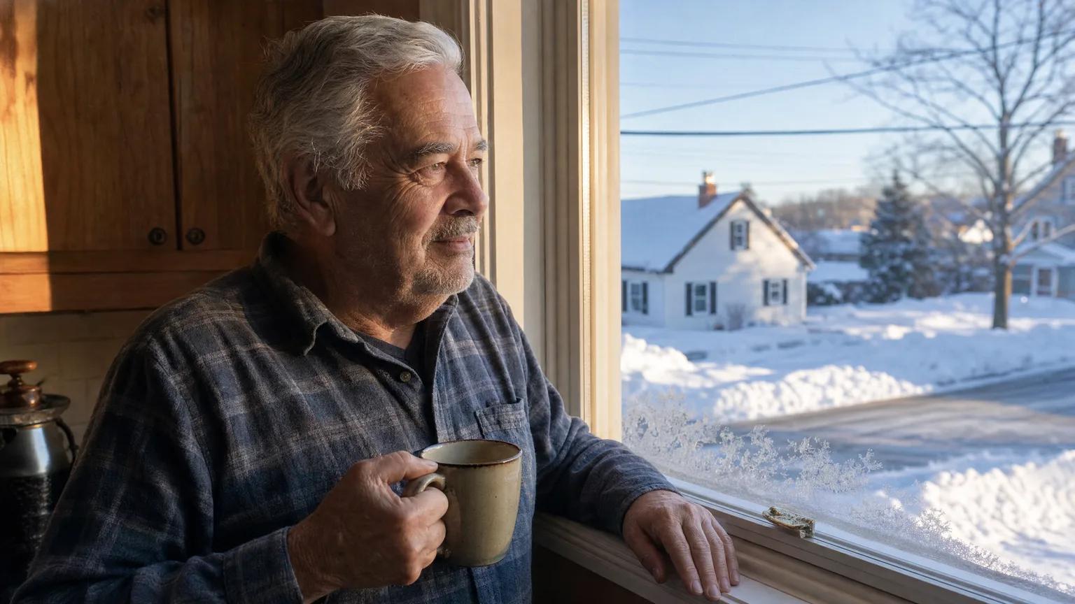 Grey-haired senior man holds a mug at his kitchen window, gazing out at snow-covered Maritime homes on a winter morning