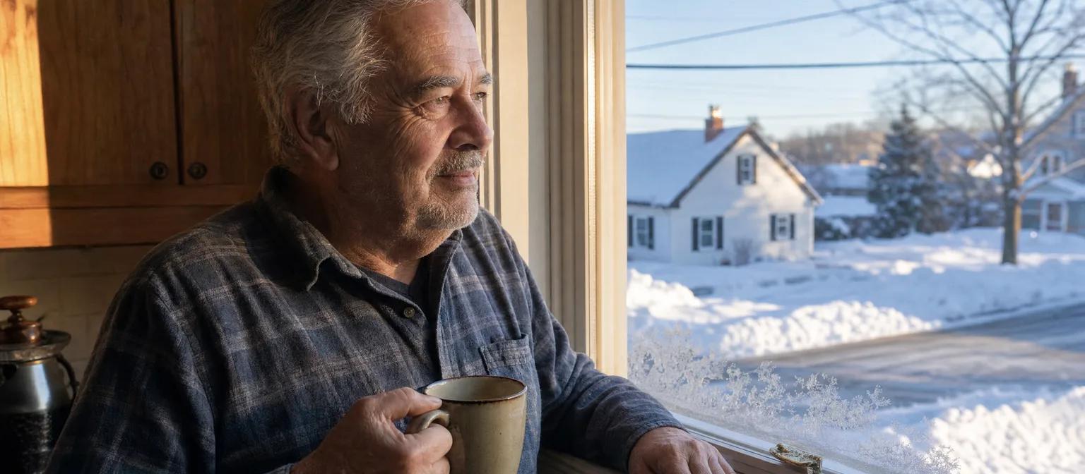 Grey-haired senior man holds a mug at his kitchen window, gazing out at snow-covered Maritime homes on a winter morning