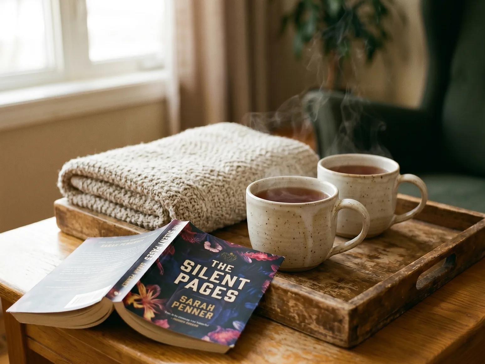 Two ceramic mugs of tea steaming on a worn wooden tray with a folded knit throw and an open paperback, soft afternoon window light in a Canadian living room.