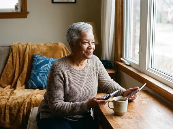 A grey-haired woman uses a calculator and tablet to plan her retirement budget by a bright window.