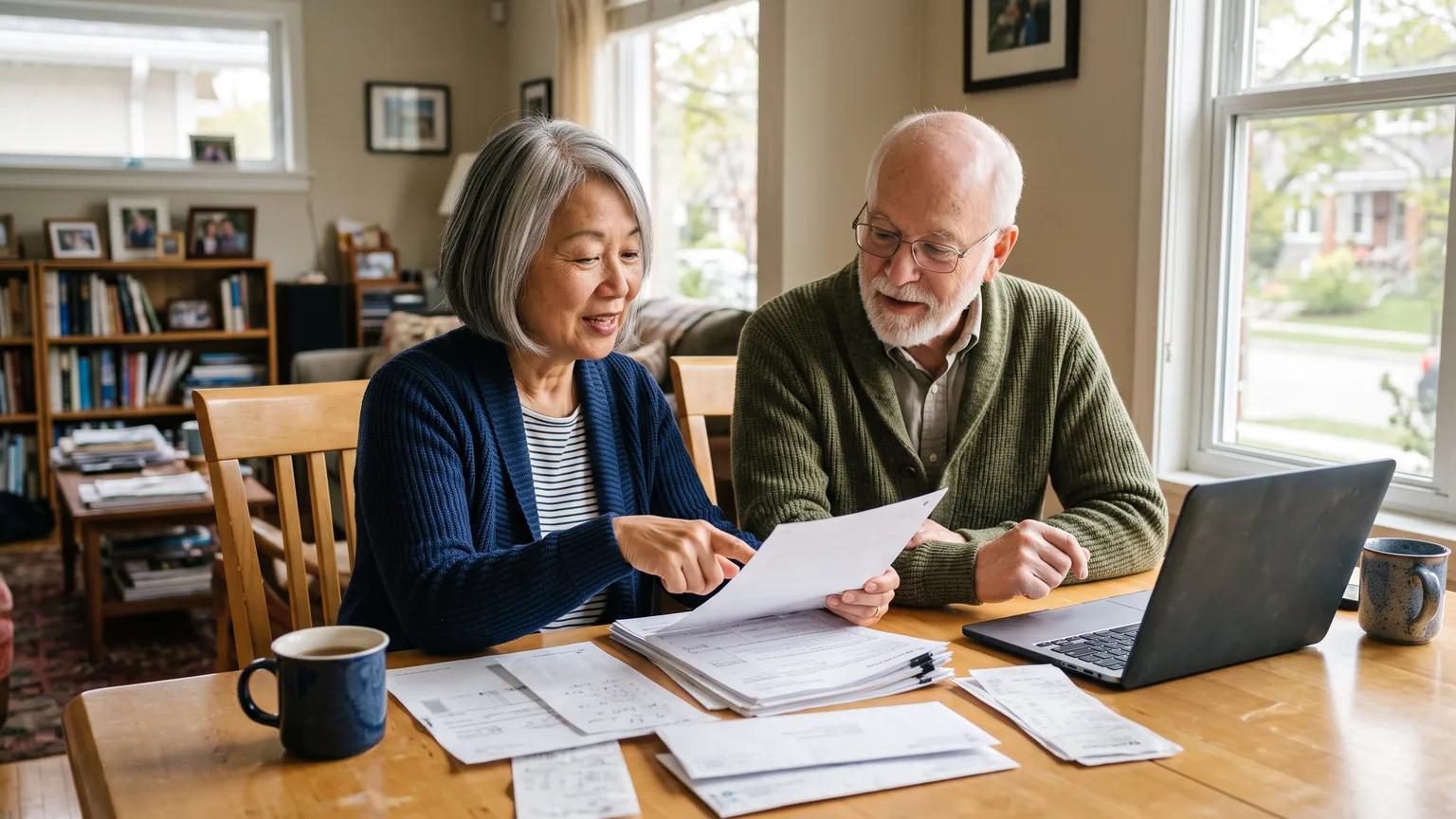 Retired couple sorting tax paperwork together at their dining table with a laptop and two mugs of tea