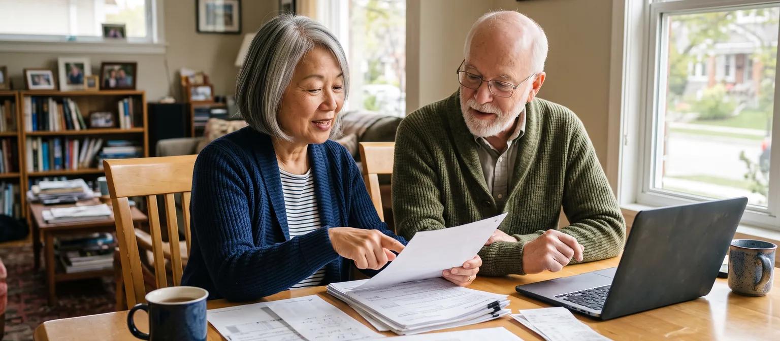Retired couple sorting tax paperwork together at their dining table with a laptop and two mugs of tea