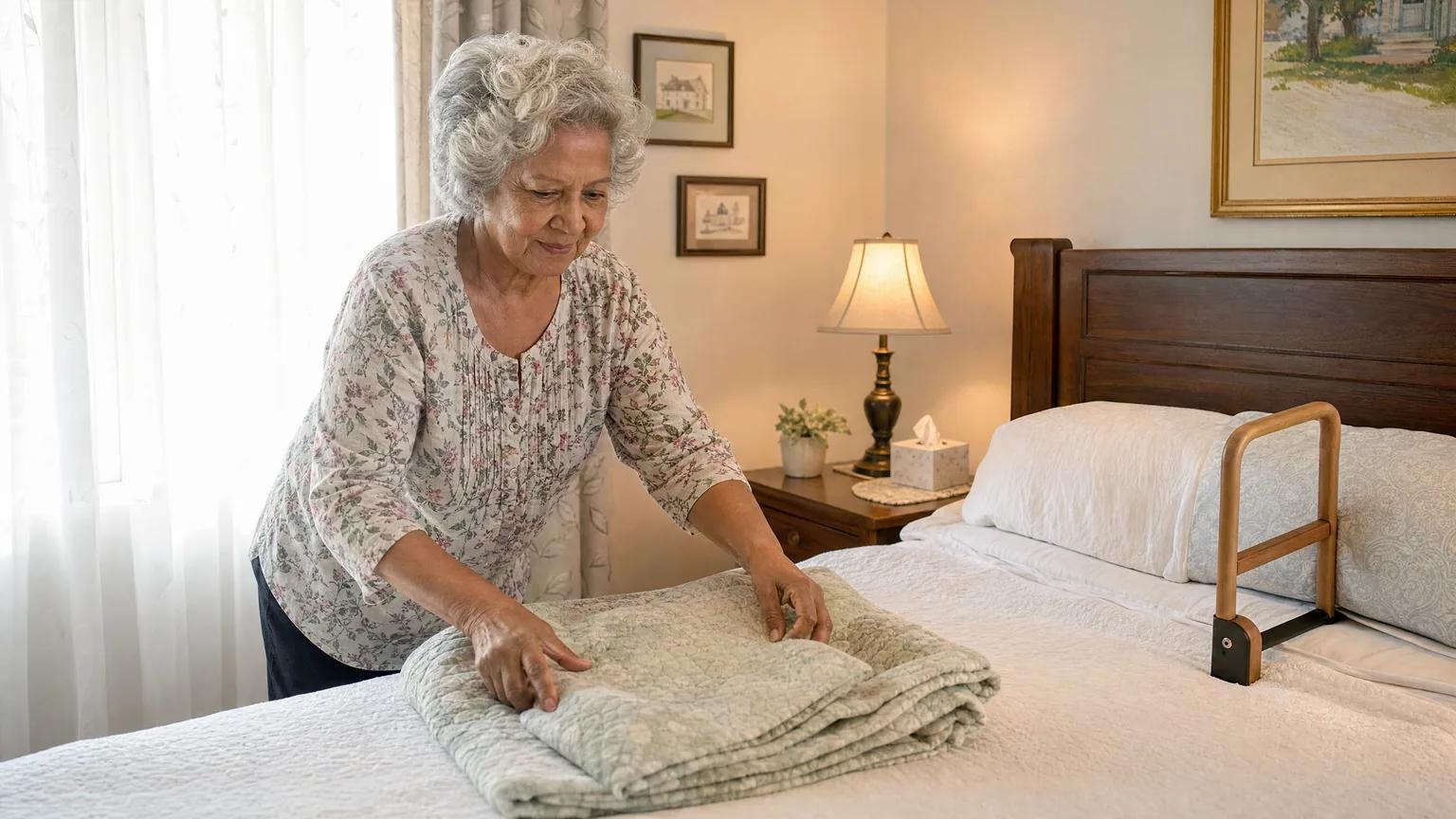 Senior woman smoothing a quilt on a neatly made bed fitted with a wooden bed assist handle