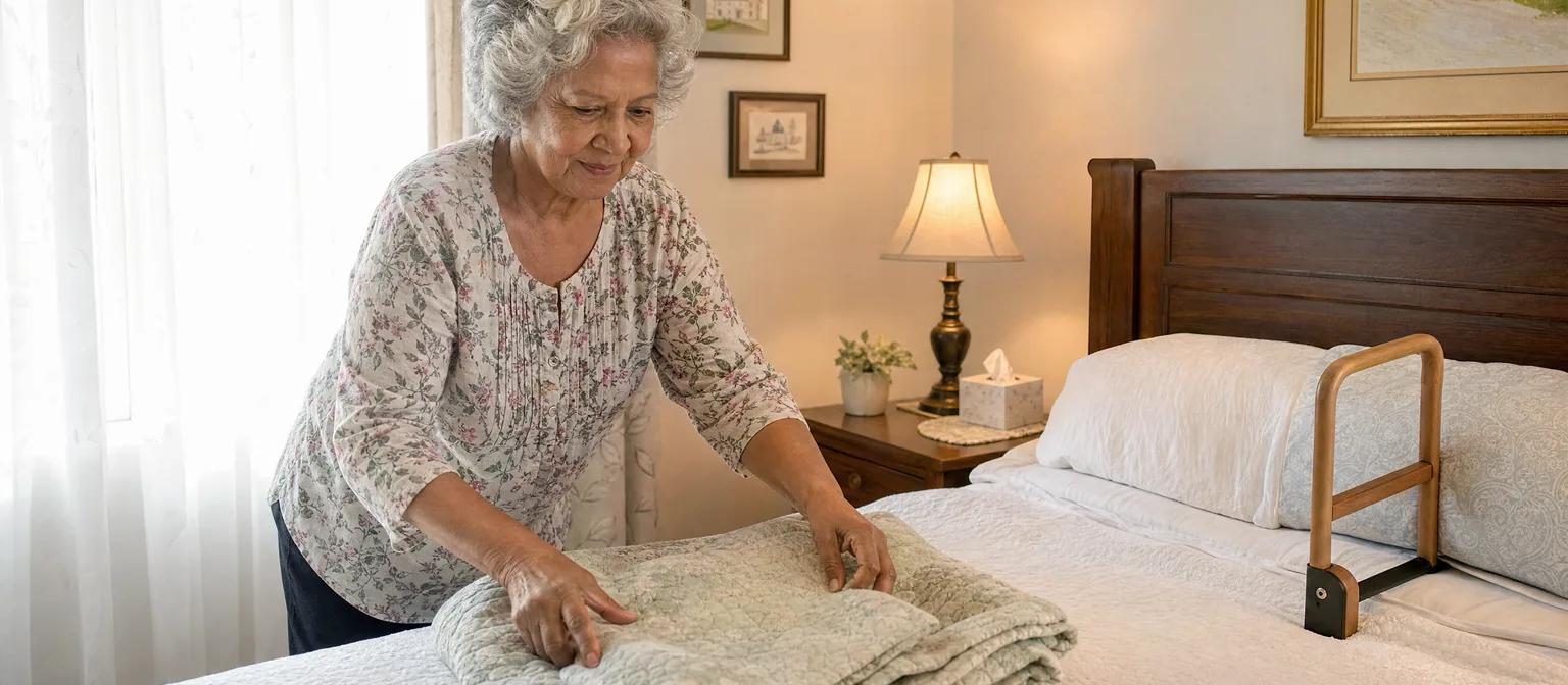 Senior woman smoothing a quilt on a neatly made bed fitted with a wooden bed assist handle