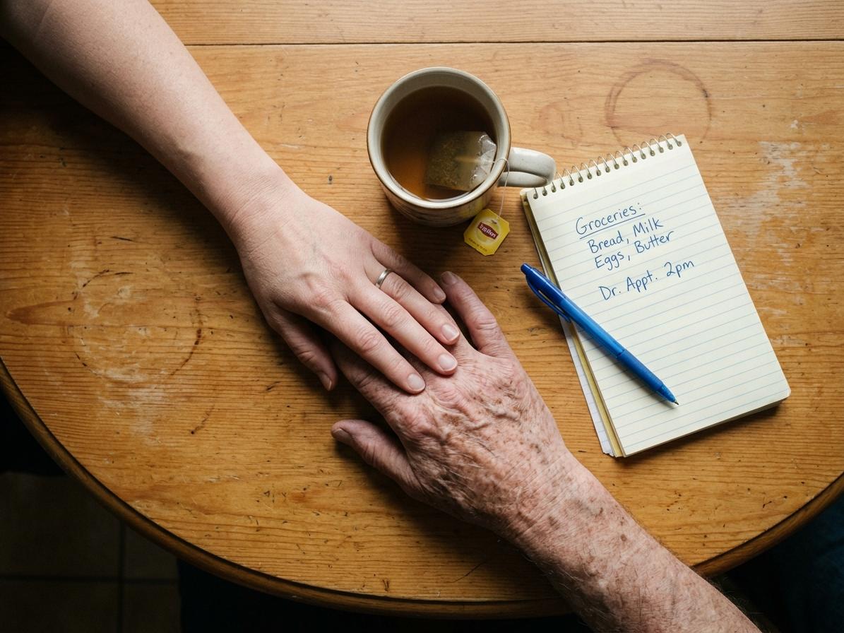 Two hands on a table next to a cup of tea. One senior hand and one younger hand