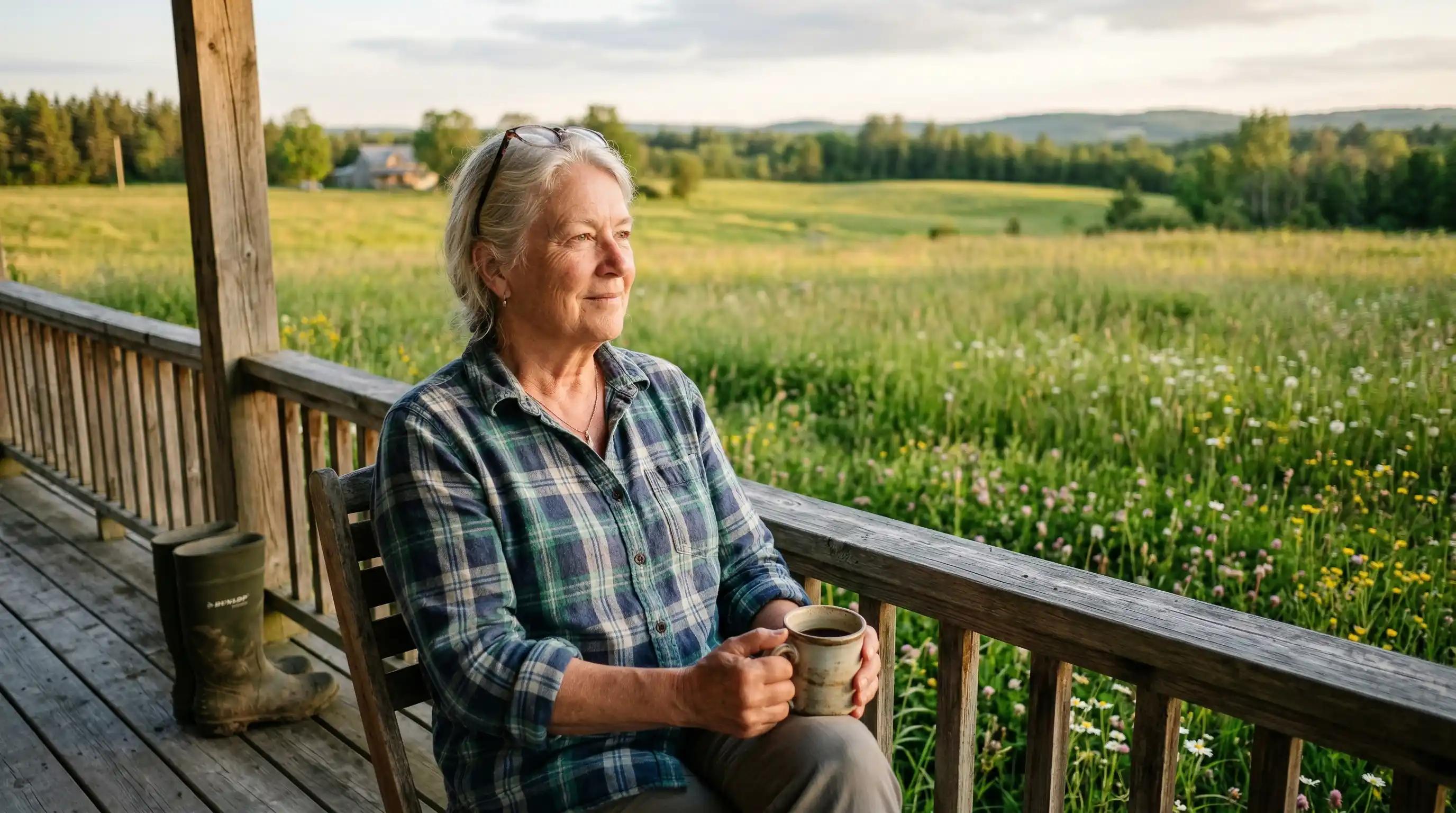 Woman drinking coffee on her porch with the Alberta Prairies behind her