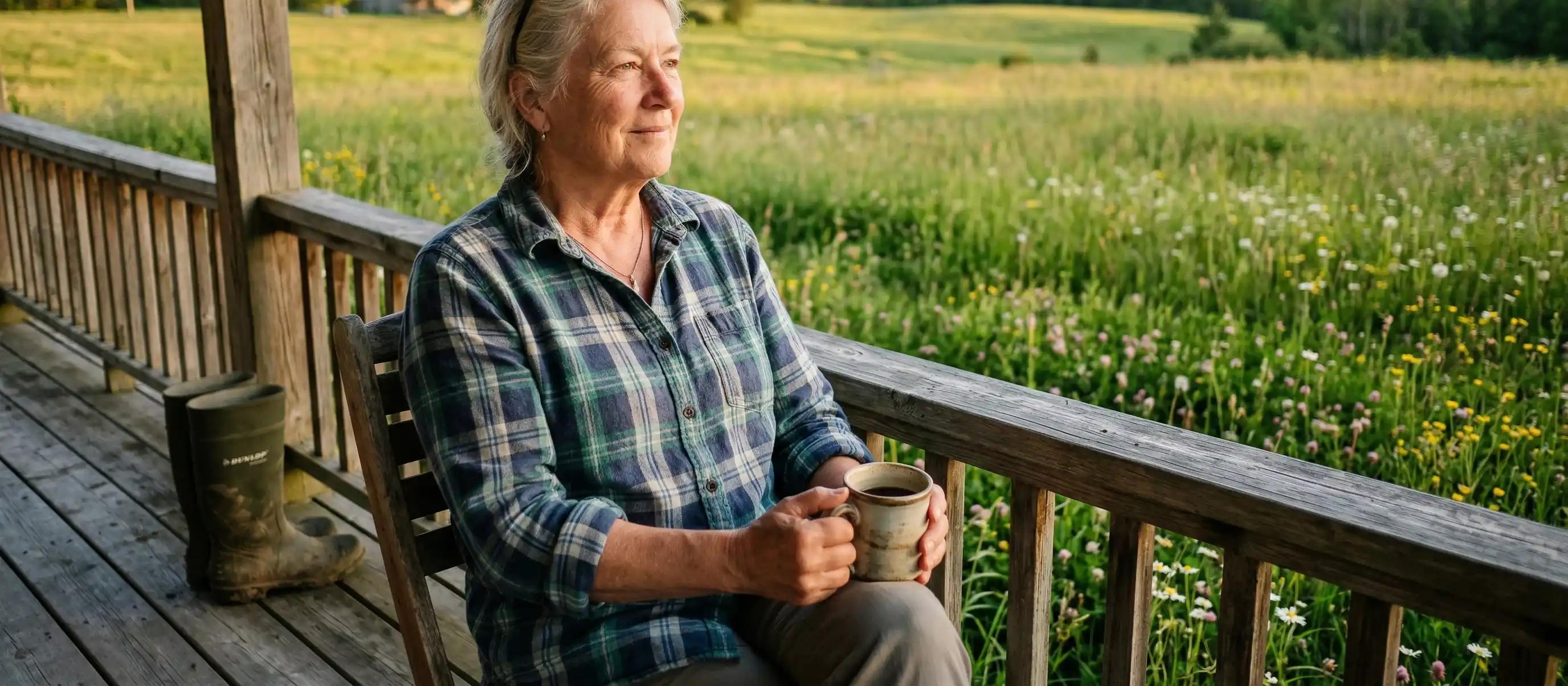 Woman drinking coffee on her porch with the Alberta Prairies behind her