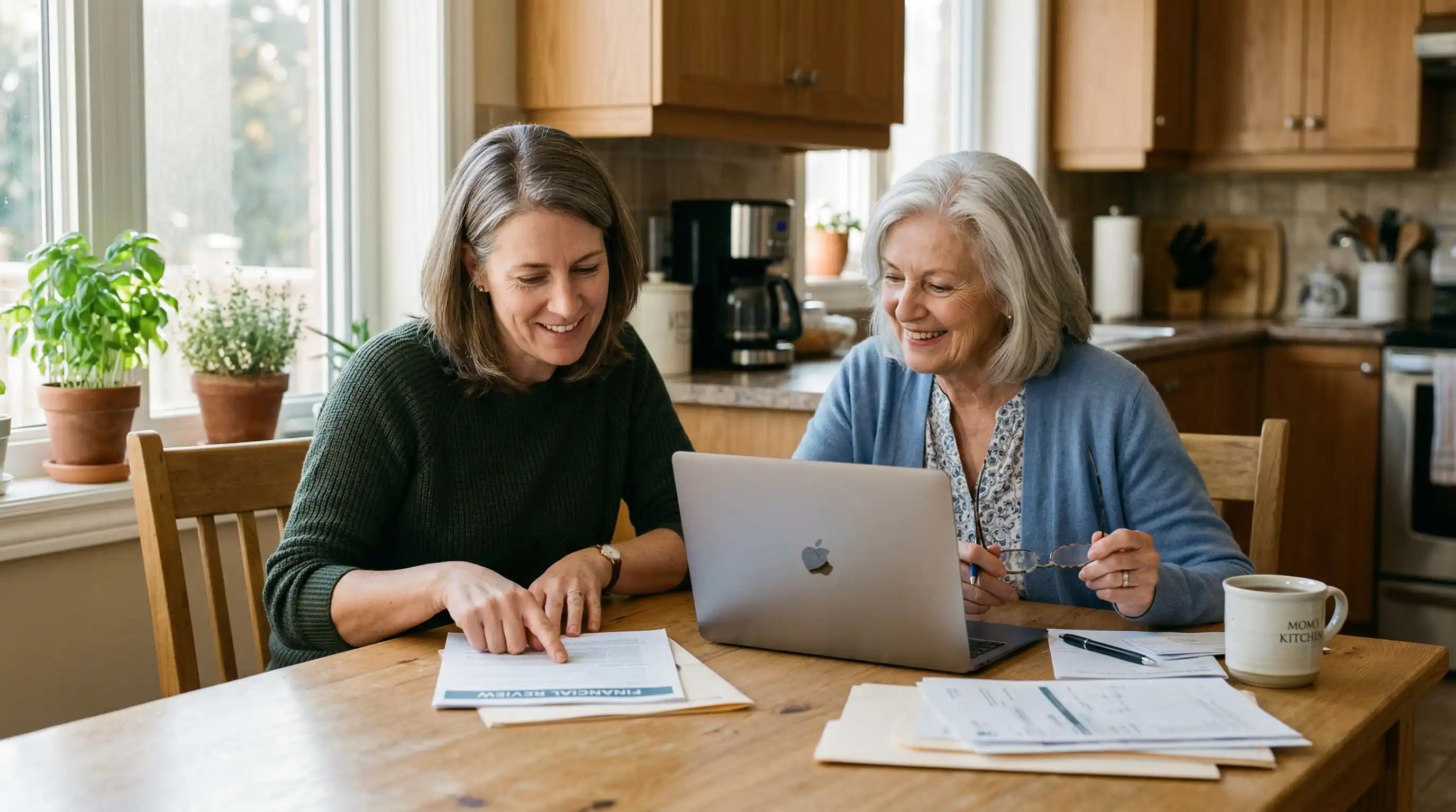 Elder, daughter, and mother sitting at kitchen table looking over government tax documents