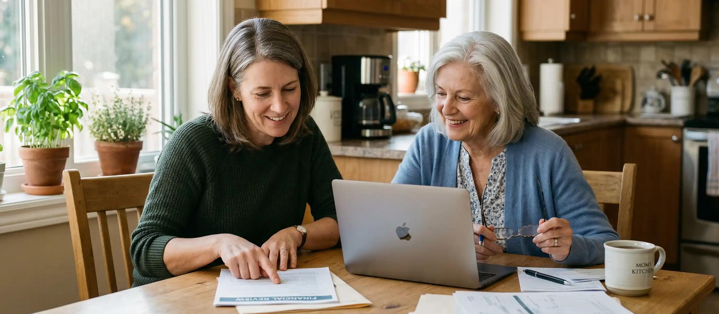 Elder, daughter, and mother sitting at kitchen table looking over government tax documents