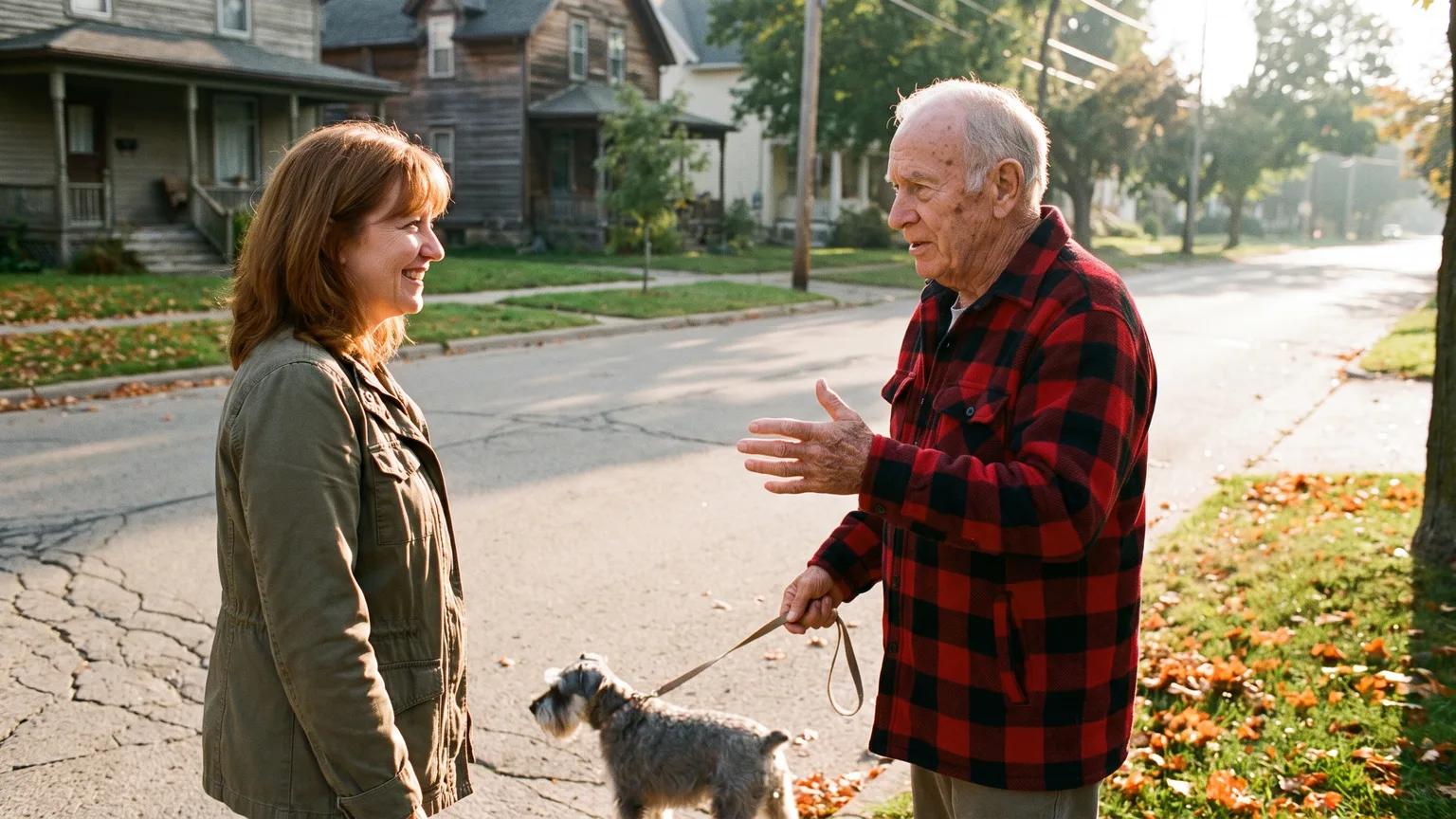 An adult daughter listens as her father tells a story during a bright morning dog walk