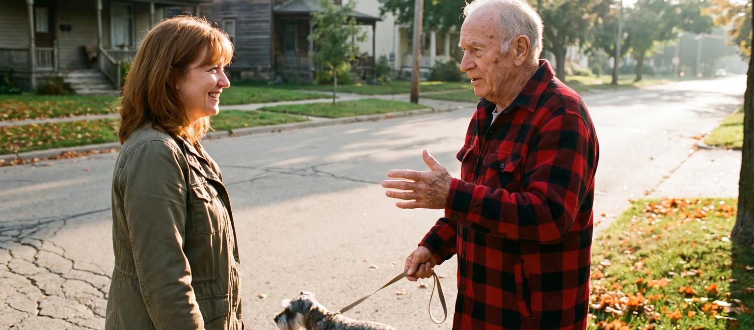 An adult daughter listens as her father tells a story during a bright morning dog walk