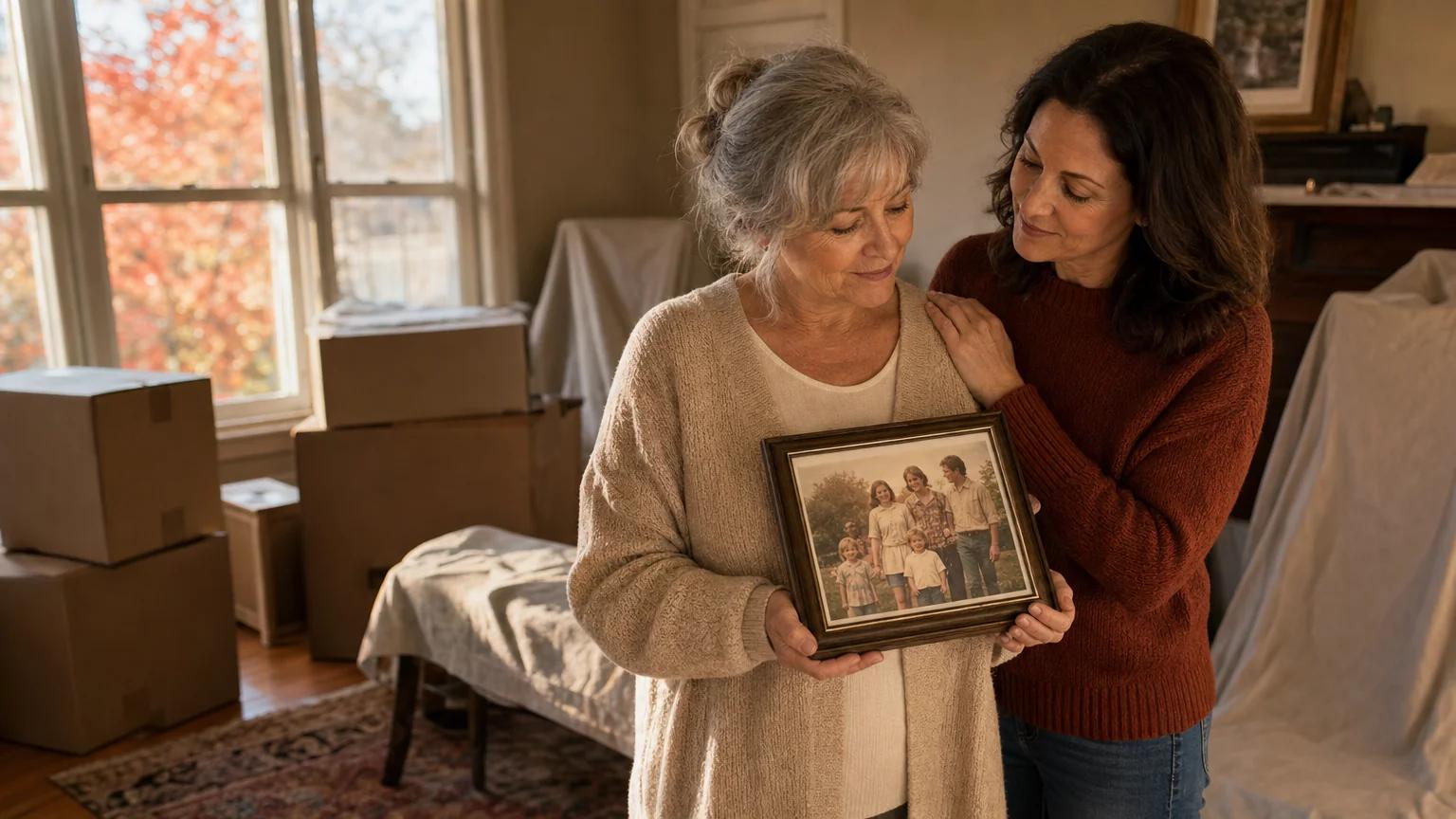 Senior woman standing with her adult child while packing the living room