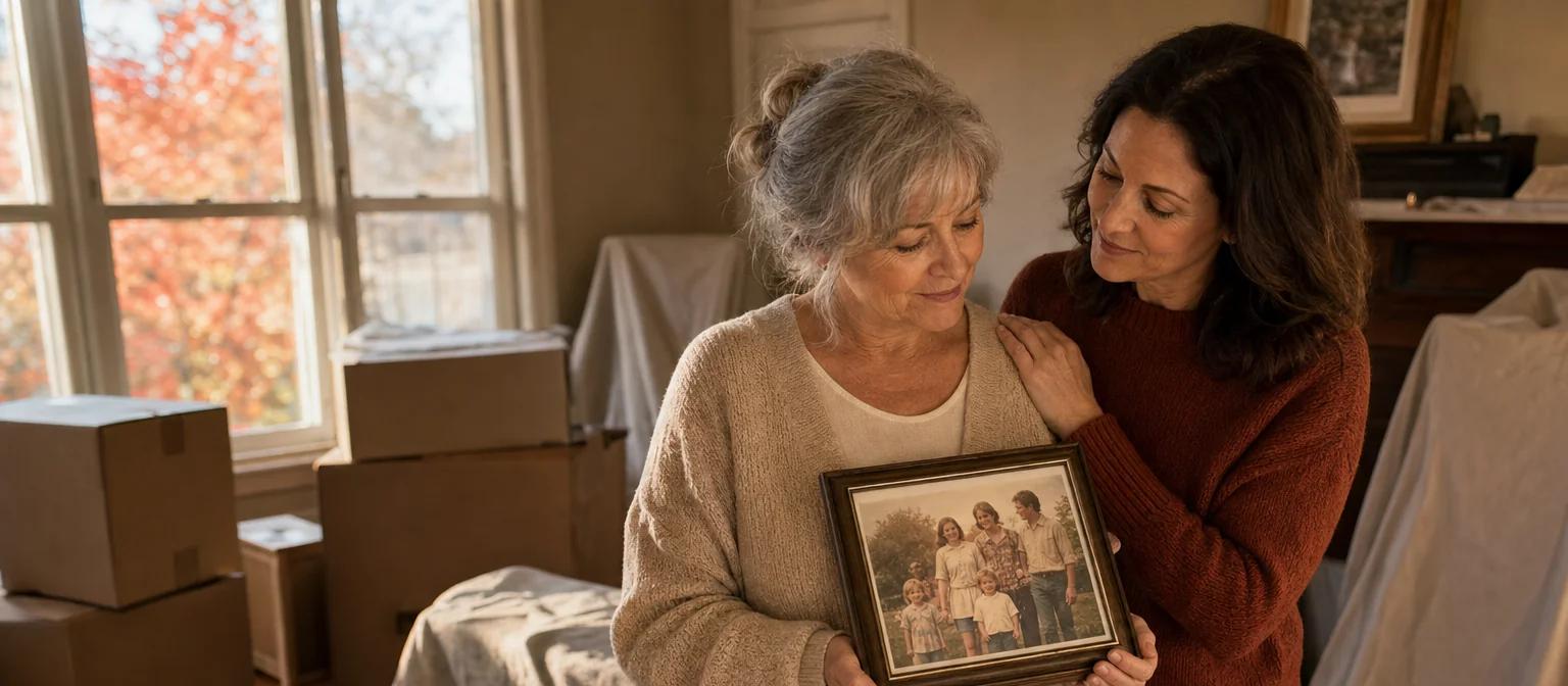 Senior woman standing with her adult child while packing the living room