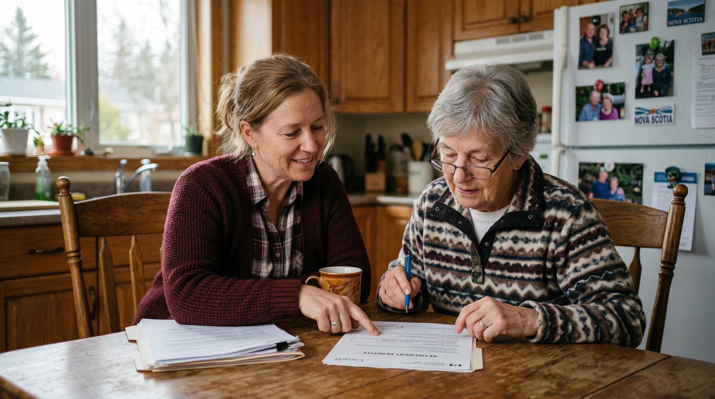 Older daughter and mother sitting at table looking over documents
