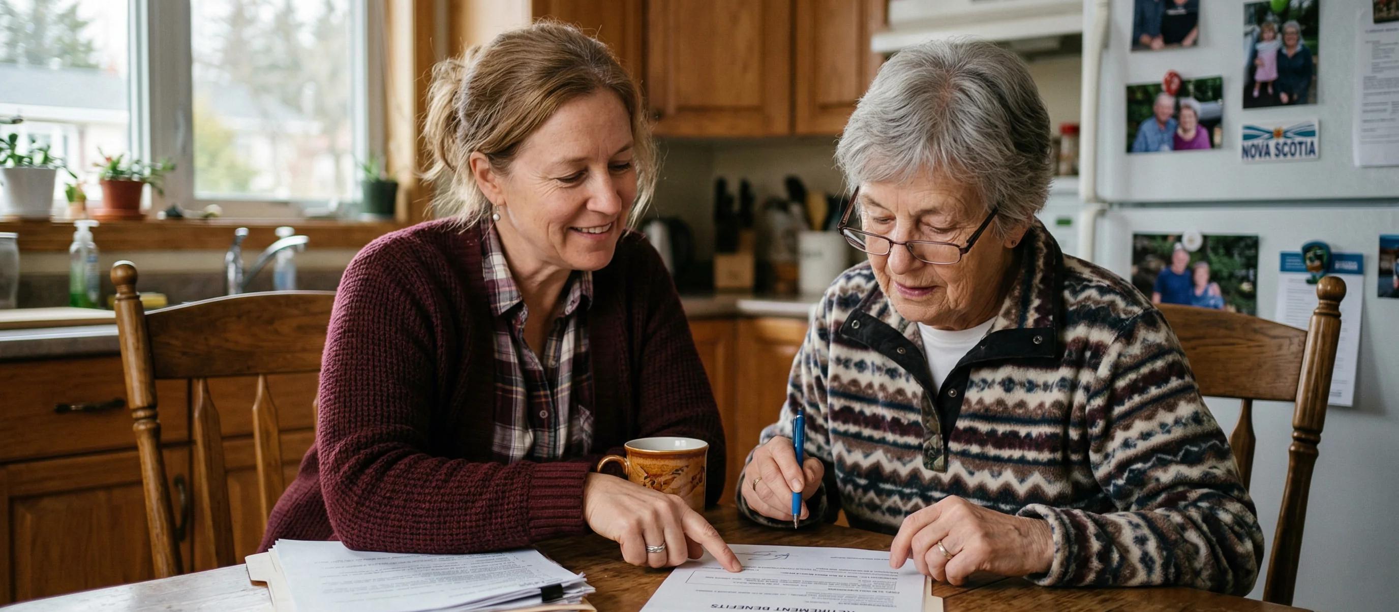 Older daughter and mother sitting at table looking over documents
