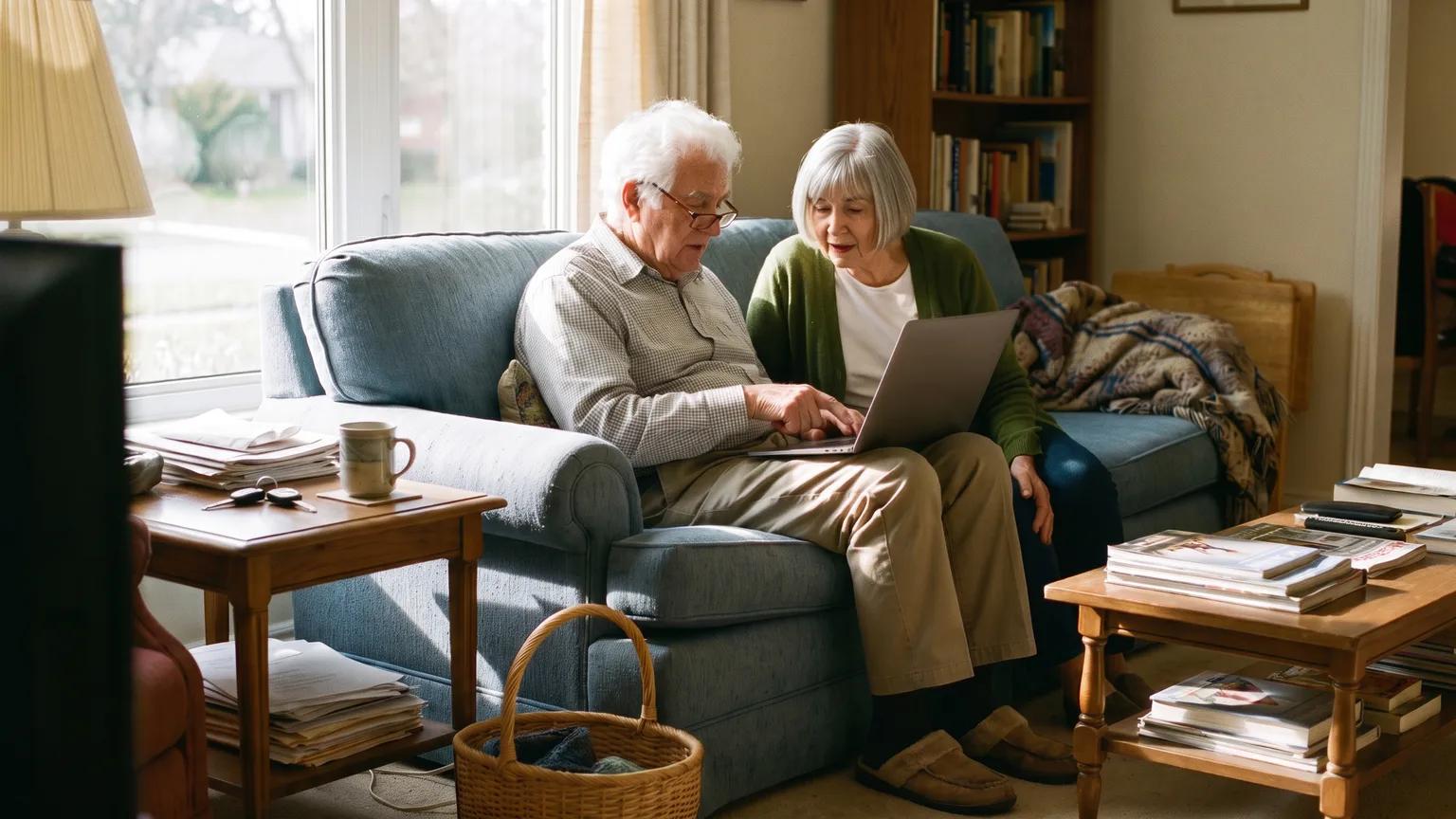 A man in his early 80s and his wife watch the senior driver education video on a laptop in their sunny Ontario living room.