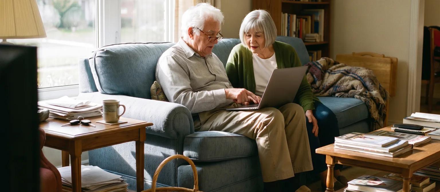 A man in his early 80s and his wife watch the senior driver education video on a laptop in their sunny Ontario living room.