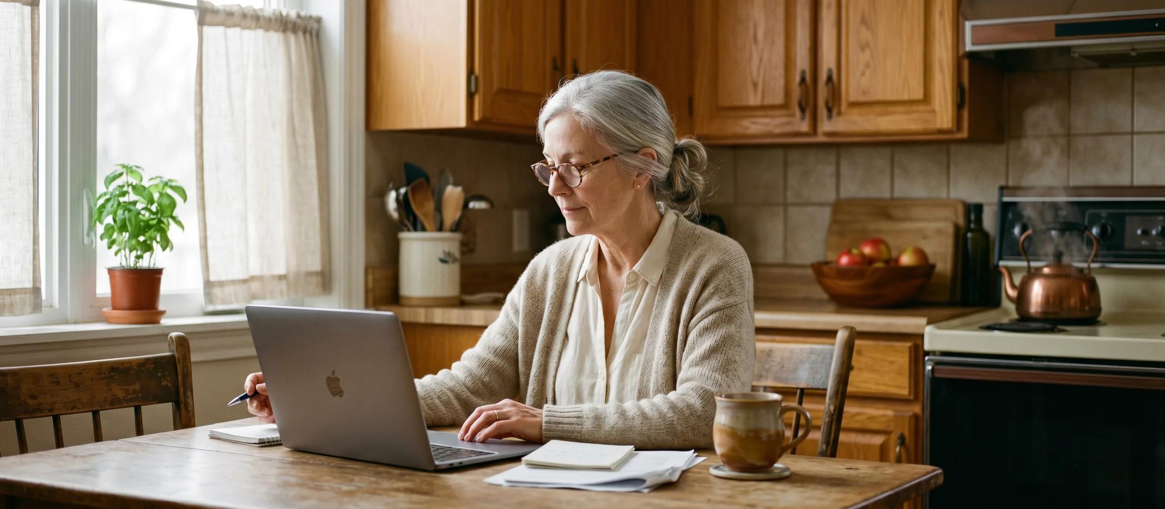 A silver-haired Canadian senior reviewing paperwork and a laptop at a sunlit oak kitchen table