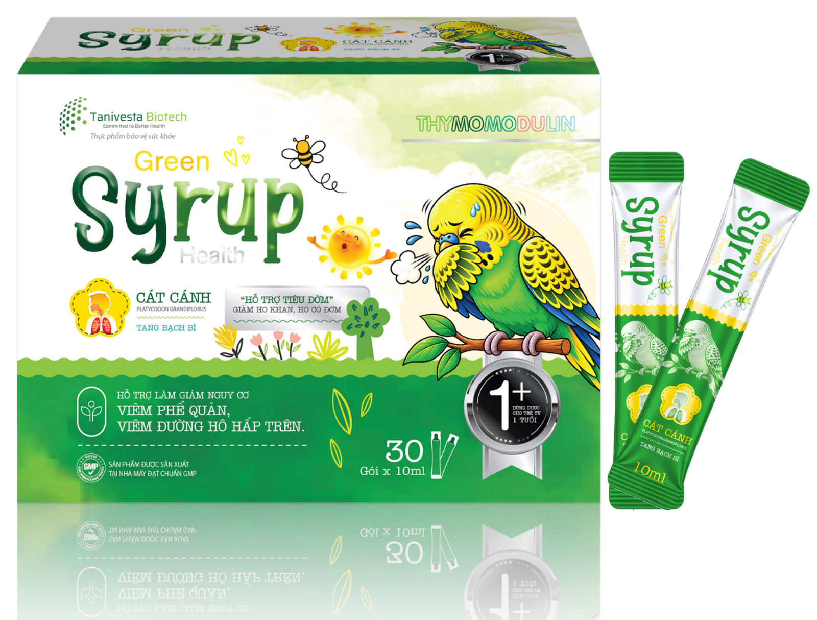 Hộp Green Syrup Health và hai gói siro