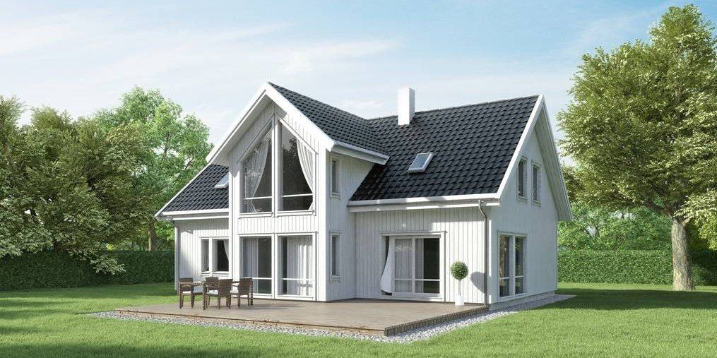 Hustypen Sande fra Systemhus kombinerer det klassiske og det moderne ved bruk av store glassflater og åpne løsninger
