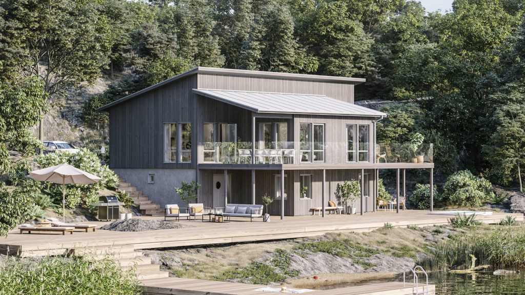 Hustypen Onyxen fra Fiskarhedenvillan er et stilrent hus med moderne karakter og er tilpasset skrå tomt.