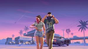 Official artwork of Lucia and Jason pulling bandanas over their faces as they walk away from a gas station at dusk.