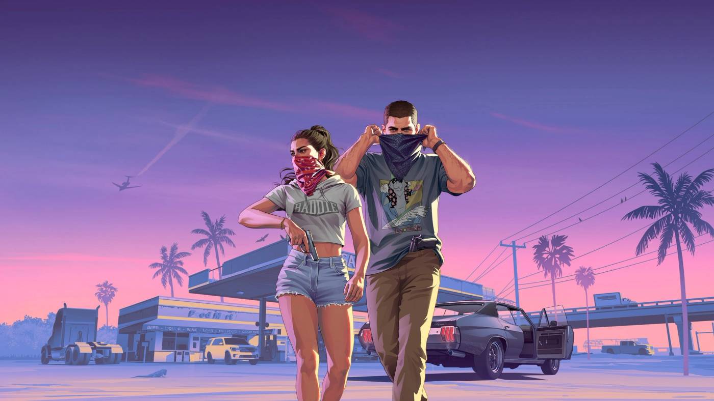 Official artwork of Lucia and Jason pulling bandanas over their faces as they walk away from a gas station at dusk.