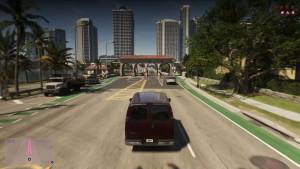 Gameplay of a red van driving toward an arched toll gate with Vice City high-rises behind it.