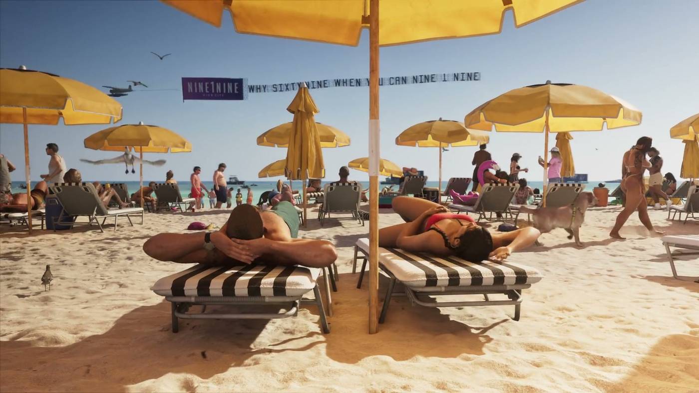 Two people lie on striped sunloungers under yellow umbrellas on a crowded Vice City beach, with a banner plane overhead.