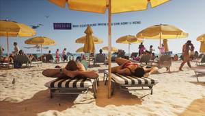 Two people lie on striped sunloungers under yellow umbrellas on a crowded Vice City beach, with a banner plane overhead.