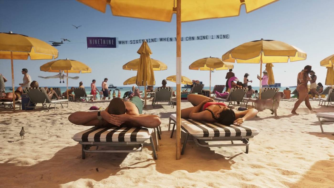 Two people lie on striped sunloungers under yellow umbrellas on a crowded Vice City beach, with a banner plane overhead.