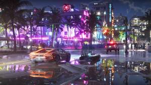 A sports car on a wet, neon-lit Ocean Drive at night.