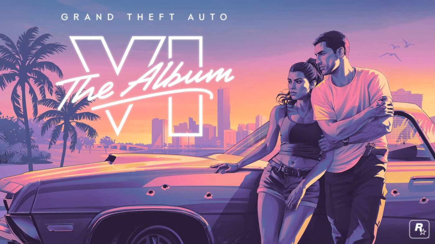 Landscape artwork for Grand Theft Auto VI: The Album with Jason and Lucia by a car.