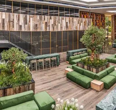 Área común comercial terminada con asientos verdes, jardineras, piso de madera y oficinas acristaladas