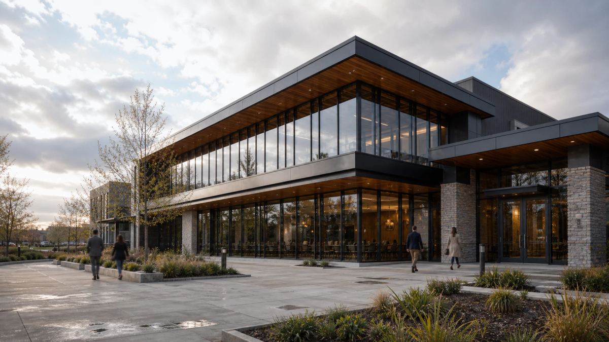 Contemporary glass commercial building with a landscaped plaza