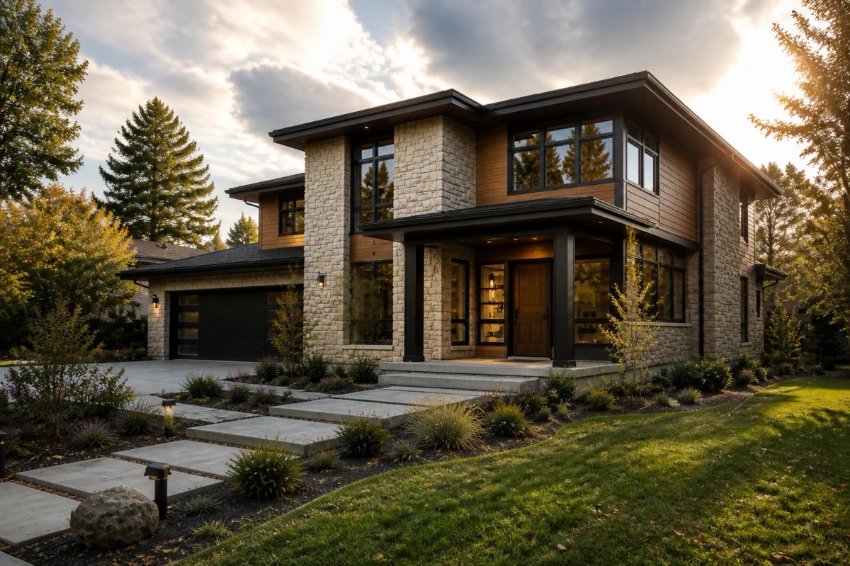 Contemporary single-family home with warm stone and landscaped grounds