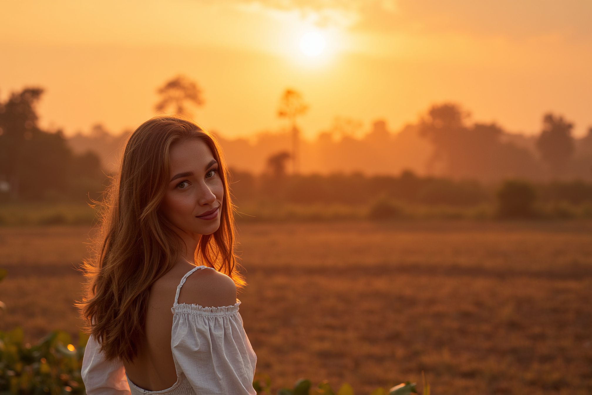 Красивая девушка с длинными волосами в белом сарафане на закате