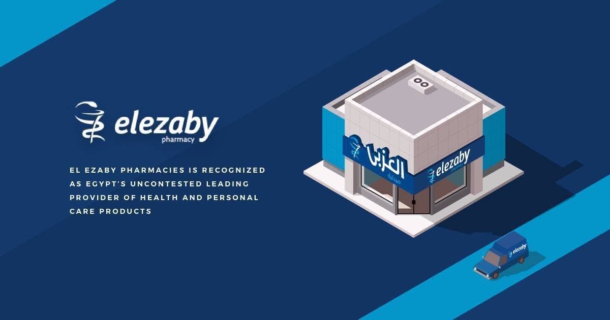 Concept presentation of an El Ezaby pharmacy building against a blue background.