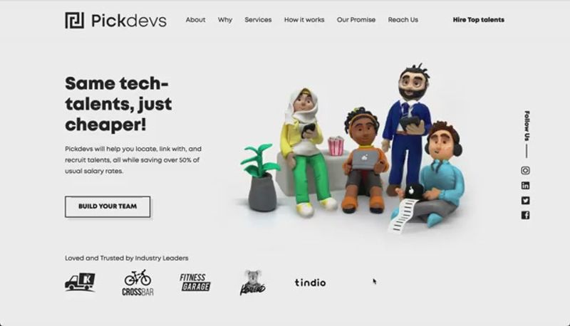 The Pickdevs homepage: “Same tech-talents, just cheaper!” beside a group of handmade characters.