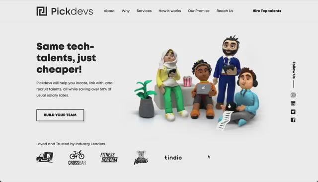 The Pickdevs homepage: “Same tech-talents, just cheaper!” beside a group of handmade characters.