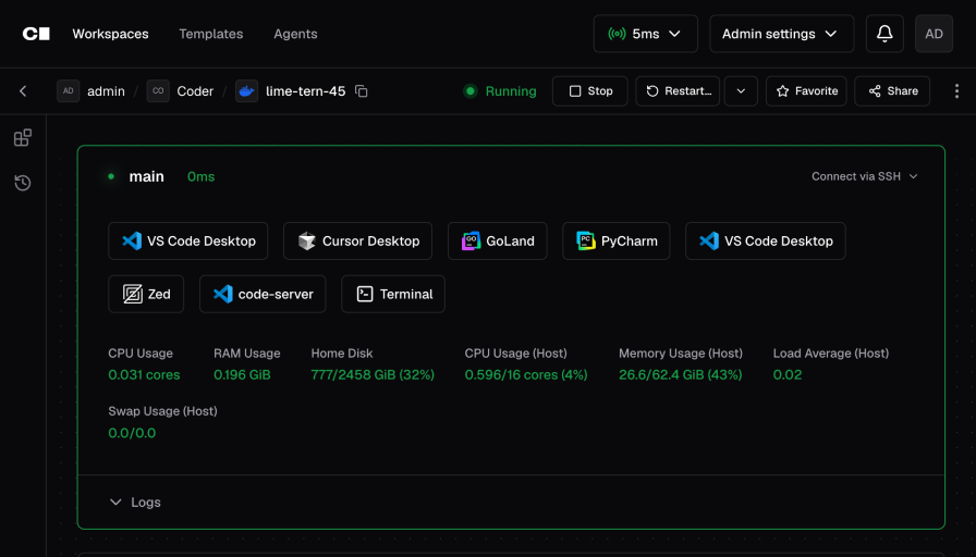A running Coder workspace with options to open an editor or terminal