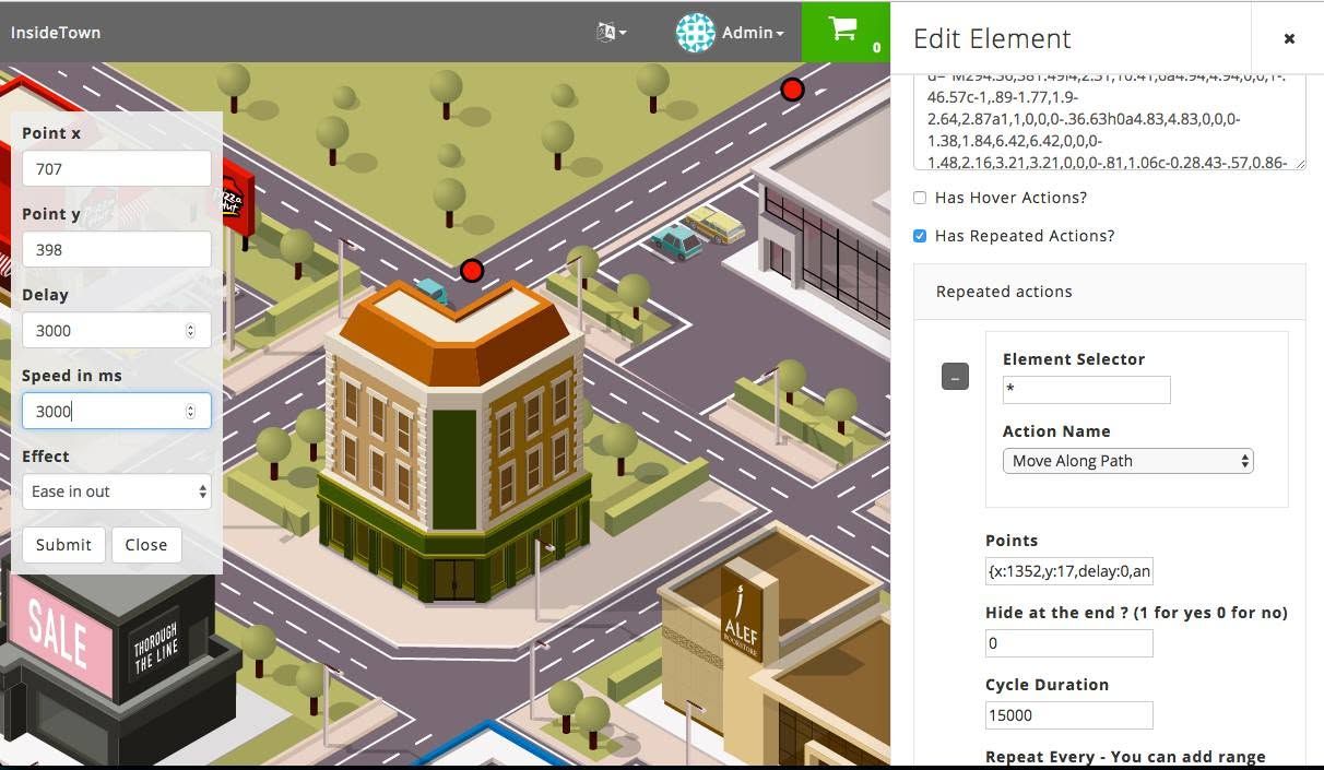 Inside Town editor with an Edit Element panel and controls for paths, delay, speed and repeated actions.