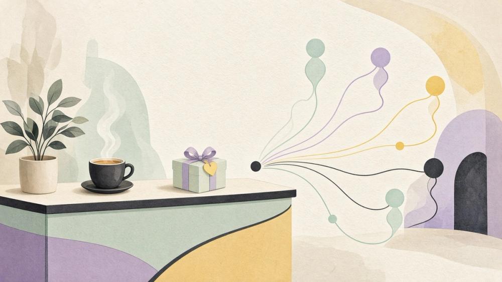 An illustrated reception desk with coffee, a small gift and colourful lines connecting it to many colleagues