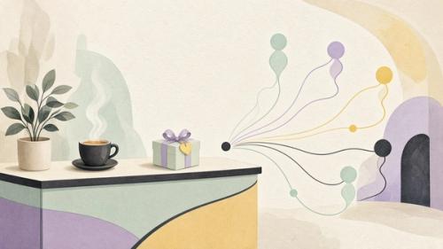 An illustrated reception desk with coffee, a small gift and colourful lines connecting it to many colleagues