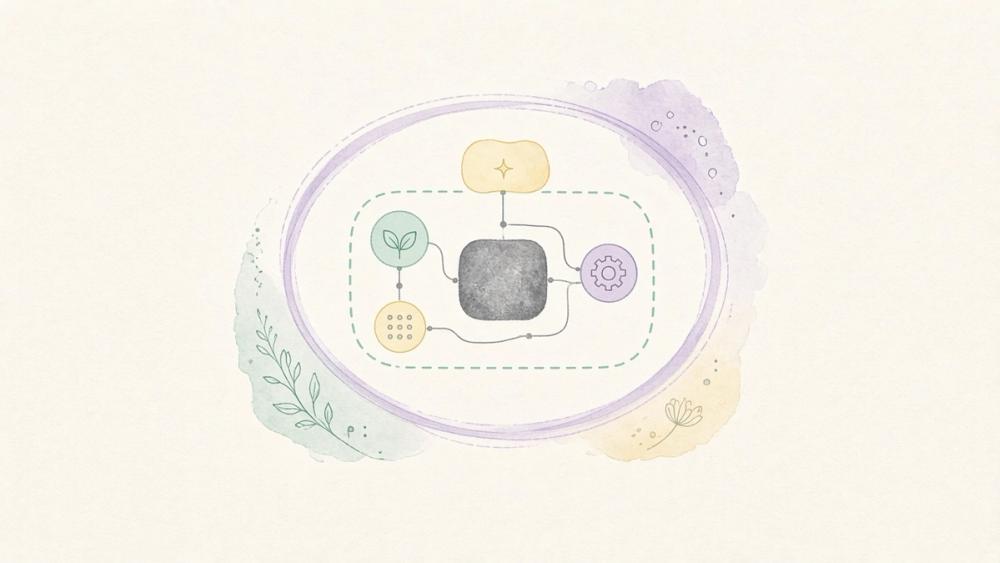 رسم توضيحي لنواة صغيرة في المنتصف، محاطة بحلقات وأدوات تمثّل الـ Harness اللي بيتعلّم ويتحسّن حوالين الـ Model