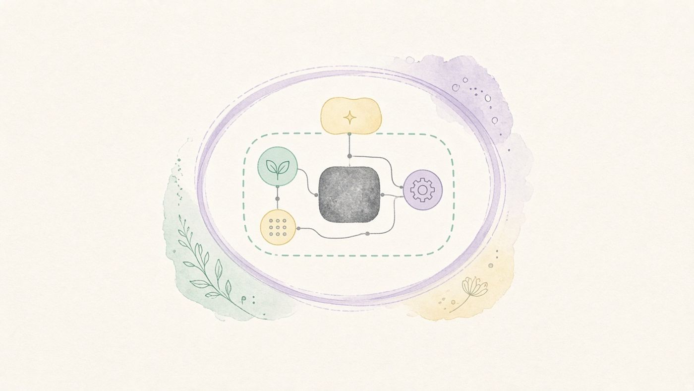 Illustration of a small core in the centre, surrounded by rings and tools that stand for the harness learning and improving around the model